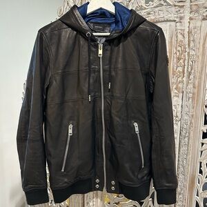 Diesel Black Leather Hooded Bomber mesh lined Jacket